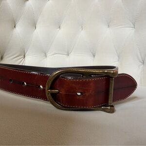 Vintage ARIAT Hand Crafted Full Grain Leather Belt. Brass Buckle. Brown/Burgundy